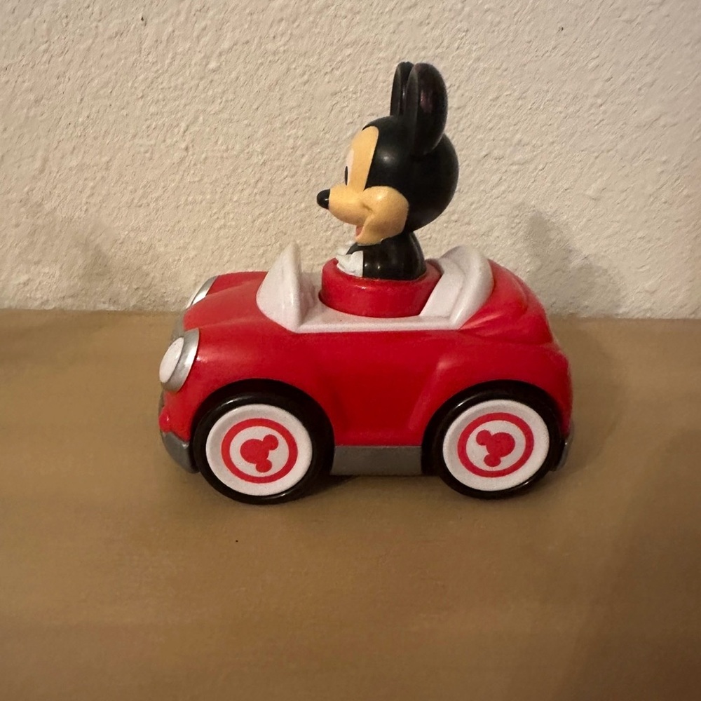 DISNEY HAP-P-KID Toy MICKEY MOUSE In His Red Car, Push Down And He Moves